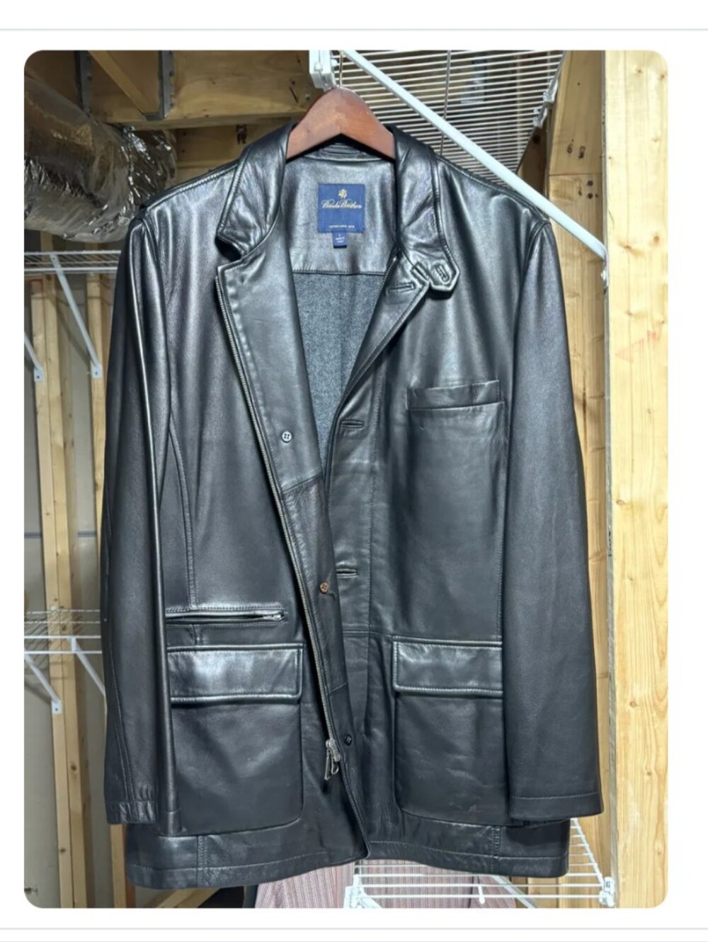 Brooks Brothers Black Leather Car Coat Wool Lining Jacket L